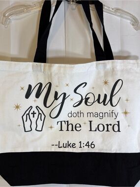 White and Black Scripture Tote Bag - My Soul doth magnify The Lord
